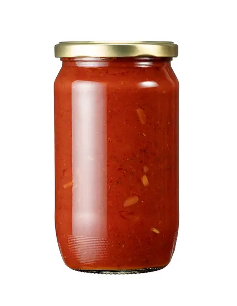 Ein Glas Tomatensauce Vor Weißem Hintergrund Versiegelter Behälter lizenzfreie Stockbilder
