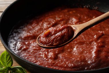 Scoop up the tomato sauce in the pan with a spoon. Cooking scene. Close-up. Wooden background. Basil in background. clipart