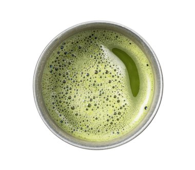 Beyaz arka planda kibrit yeşil çay. Doğrudan yukarıdan bakıldığında.