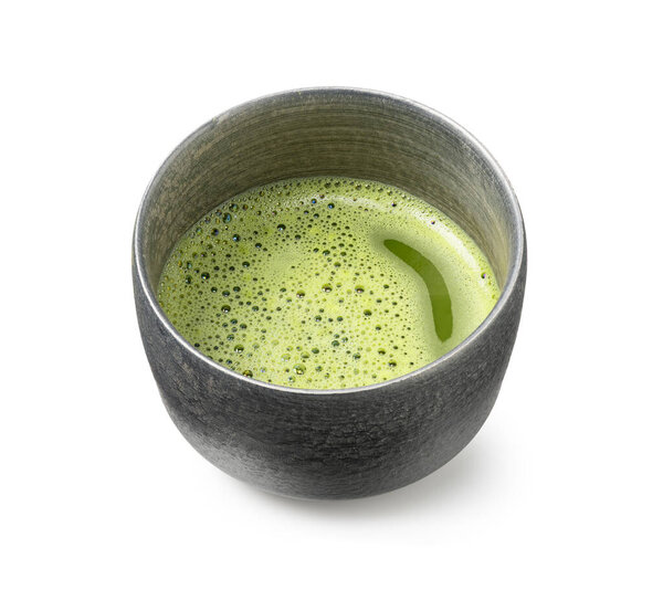 Matcha green tea on white background. Matcha bowl.