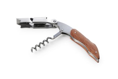 Beyaz arka plana sommelier bıçağı yerleştirilmiş. Tahta saplı..