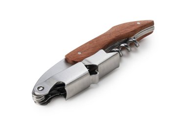 Beyaz arka plana sommelier bıçağı yerleştirilmiş. Tahta saplı..