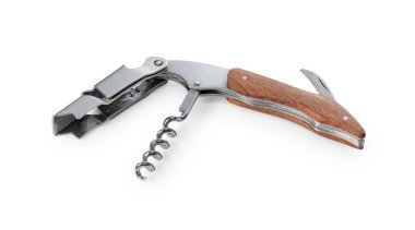 Beyaz arka plana sommelier bıçağı yerleştirilmiş. Tahta saplı..