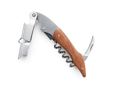 Beyaz arka plana sommelier bıçağı yerleştirilmiş. Tahta saplı. Yukarıdan görüntüle.