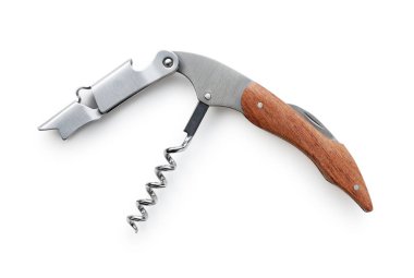 Beyaz arka plana sommelier bıçağı yerleştirilmiş. Tahta saplı. Yukarıdan görüntüle.