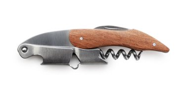 Beyaz arka plana sommelier bıçağı yerleştirilmiş. Tahta saplı. Yukarıdan görüntüle.