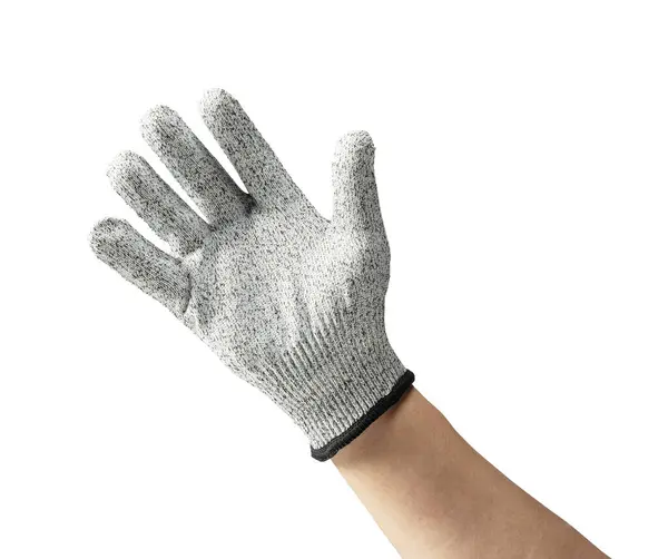 Ανδρικό Χέρι Φορώντας Μαχαίρια Απόδειξη Γάντια Λευκό Φόντο Φωτογραφία Αρχείου