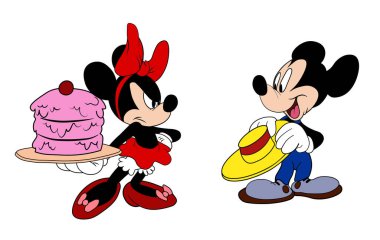 Mickey ve Minnie Mouse kek vektörüne kızgınlar. Disney karakterlerini seviyorlar.