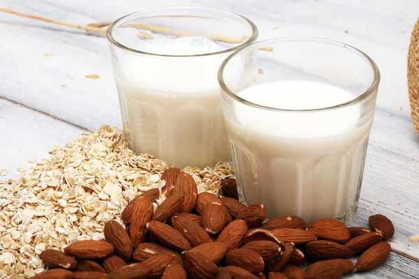 Alternative Types Milks Vegan Substitute Dairy Milk Almond Oat — Stock Photo, Image