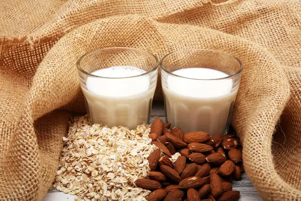 Alternative Types Milks Vegan Substitute Dairy Milk Almond Oat Stock Picture