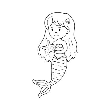 Sevimli Denizkızı Bir Denizyıldızı Çizgisi Boyama Sanatı Tutuyor