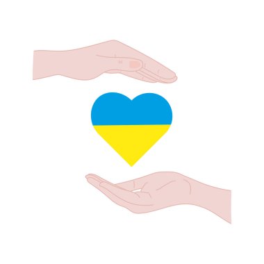 Ukrayna bayrağının renkleriyle süslenmiş bir kalbi nazikçe kucaklayan, özen ve dayanışmayı sembolize eden vektör illüstrasyonu.