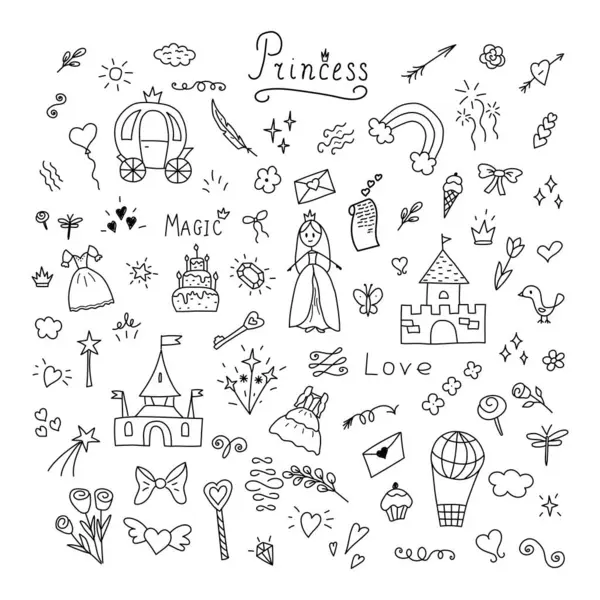 Kaleler, elbiseler, taçlar ve sihirli motifler içeren el yapımı prenses karalamalarından oluşan büyüleyici bir koleksiyon.