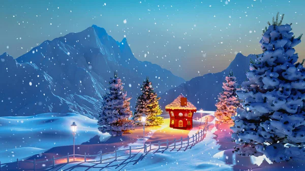 Illustration Einer Cartoon Winterlandschaft Der Dämmerung Kleine Berghütte Und Schneebedeckte — Stockfoto