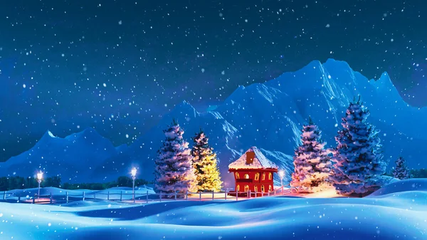 黄昏时分 卡通画了一幅冬季风景 小山小屋和被雪覆盖的针叶树 — 图库照片