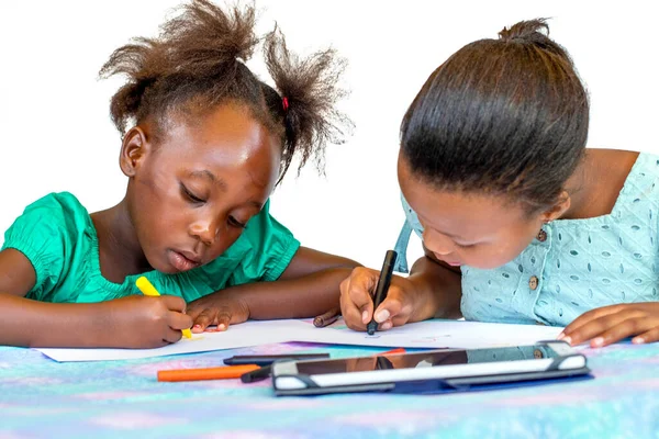 Two Little African Kids Drawing Wax Crayons Table Isolated White — Stock Photo, Image