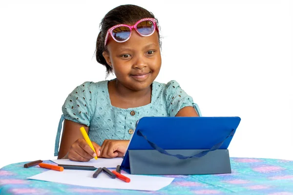 Portrait Little African Girl Drawing Desk Digital Tablet Isolated White — Foto de Stock