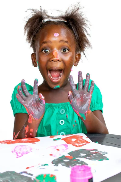 Fun Portrait Little African Girl Fun Facial Expression Painting Desk — Stock Photo, Image