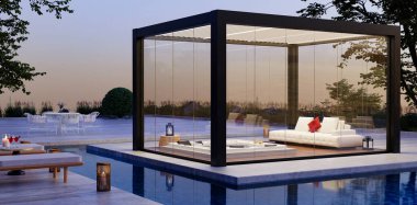 3D render of a bioclimatic pergola on a private outdoor patio at sunset. Side view of black iron framed pergola with glass blades, jacuzzi and sofa. Surrounded by swimming pool and vegetation. clipart