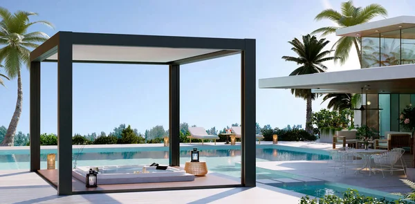 Illustratie Van Bioclimatische Pergola Met Whirlpool Naast Zwembad Modern Huis — Stockfoto