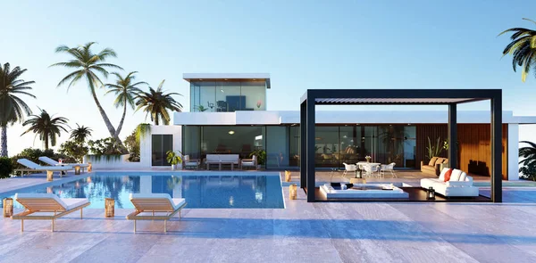 三维的豪华装饰房屋的图片说明 带有巨大的游泳池和生物高尔夫 带棕榈树 涡旋池和装饰家具的别墅前景 — 图库照片