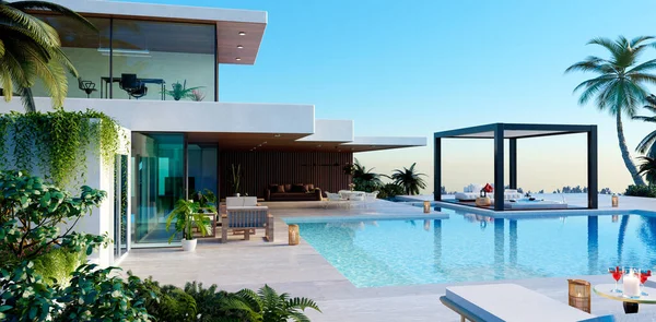 Illustration Luxurious Decor House Huge Swimming Pool Biocimlatic Pergola Private Stock Picture