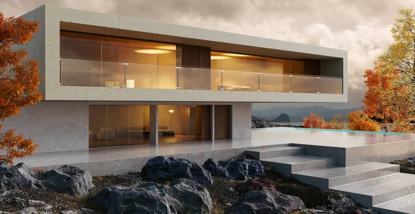 Illustration Luxurious House Concrete Construction Minimalist Villa Large Windows Swimming Royalty Free Stock Images