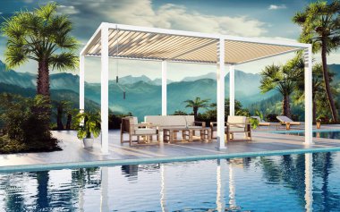 Güneş güvertesinde havuzun yanında 6 post-beyaz biyo-limatik pergola 'nın 3 boyutlu çizimi. Mobilyalar ve güneş yatakları. Palmiye ağaçları ve dağ manzaralı yemyeşil bir bahçe..