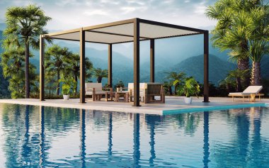 Güneş güvertesinde havuzun yanında 6 post antrasit biyo-limatik pergola 'nın 3 boyutlu yan görüntüsü. Mobilyalar ve güneş yatakları. Palmiye ağaçları ve dağ manzaralı yemyeşil bir bahçe..