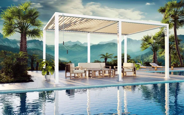 3D illustration of a 6 post white bioclimatic pergola on sundeck next to pool. Decor furniture and sun beds.Lush green garden with palm trees and mountain view.