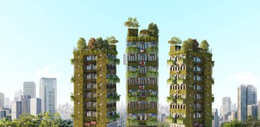 Dikey bitki büyümesi olan üç yerleşim binasının üç boyutlu çizimi. Modern bir şehirde kavramsal yeşil eko-binalar.