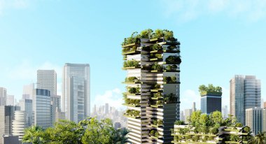 Dikey bitki büyümesi olan modern kurumsal gökdelenlerin 3D görüntüsü. Arkasında modern bir şehir olan kavramsal yeşil eko binalar.