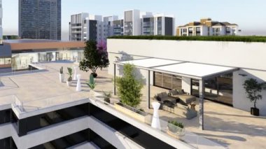 Üç boyutlu lüks, üst katlı, biyo-limatik pergolu bir apartman terası. Arka planda şehir manzaralı dış mobilyalar. Üst görünüm yörünge çekimi..