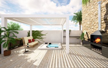 Arka bahçedeki girdap ve bbq 'lı biyo-limatik pergola' nın 3 boyutlu çizimi. Ahşap zeminli ve bahçeli şehir avlusu.