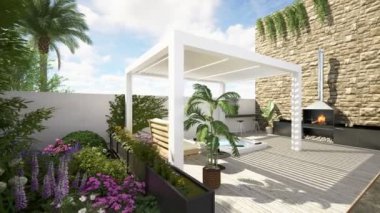 Beyaz biyo-limatik pergola ile modern bir şehir avlusunun 3 boyutlu çizimi. Barbekü ve sıcak girdap küvetinin yanında beyaz palet kanepe. Yörünge çekim oluşturuluyor.