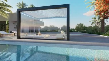 Özel bir verandada 3 boyutlu biyolimatik bir pergola çizimi. Siyah çelik çerçeveli pergola ve cam bıçaklı lüks villa. Havuz ve kanepe yüzme havuzuyla çevrili. Yörünge atışı.