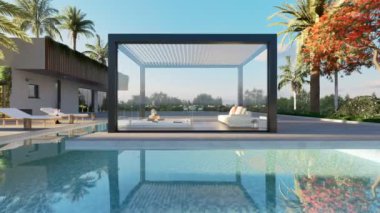 Özel bir verandada 3 boyutlu biyolimatik bir pergola çizimi. Siyah çelik çerçeveli pergola ve cam bıçaklı lüks villa. Havuz ve kanepe yüzme havuzuyla çevrili. Yatay Taşıma Çekimi.