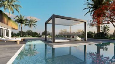Özel bir verandada 3 boyutlu biyolimatik bir pergola çizimi. Siyah çelik çerçeveli pergola ve cam bıçaklı lüks villa. Havuz ve kanepe yüzme havuzuyla çevrili. Yan görünüm Yakınlaştırma Görüntüsü.