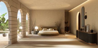 Yuvarlak yataklı lüks yatak odasının üç boyutlu bir çizimi. Taş kemer duvarı ve toprak renginde döşemeleri olan dekorasyon odası..