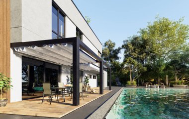 Çağdaş bir evin yanında, yemyeşil bitki ve ağaçlarla çevrili siyah pergola ile bir güneş güvertesinin 3 boyutlu çizimi. Büyük bir yüzme havuzu ve bahçesi olan bir masa ve kanepe..