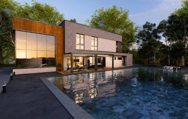 Yüzme havuzlu, güneşli, çarşaflı lüks ve modern bir evin üç boyutlu bir çizimi. Gün batımında yemyeşil bitki örtüsü ve ağaçlarla çevrili villanın yan manzarasını kapatın..