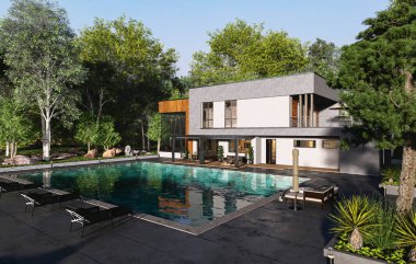 Yüzme havuzlu, güneşli, çarşaflı lüks ve modern bir evin üç boyutlu bir çizimi. Villa manzarası gür bitki örtüsü ve ağaçlarla çevrili..