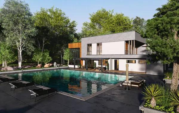 Yüzme havuzlu, güneşli, çarşaflı lüks ve modern bir evin üç boyutlu bir çizimi. Villa manzarası gür bitki örtüsü ve ağaçlarla çevrili..