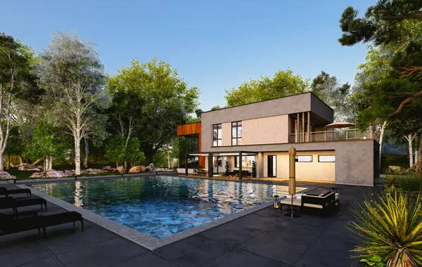 Yüzme havuzlu, güneşli, çarşaflı lüks ve modern bir evin üç boyutlu bir çizimi. Gün batımında yemyeşil bitki ve ağaçlarla çevrili villanın yan manzarası..