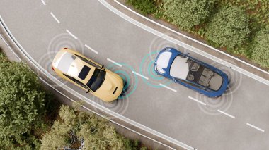 Kamera sensörlü ve engelli tanıma için lazer teknolojili iki otonom elektrikli aracın 3 boyutlu çizimi. Katranlı yolda ters istikamette giden araçların üst görüntüsü.