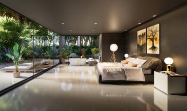 Lüks otel odası süitinin 3 boyutlu çizimi. Yuvarlak küvetli koyu renkli zarif bir dekor ve tropikal bitkilerle bahçeli bir manzara. Güneşli yataklı açık teras.