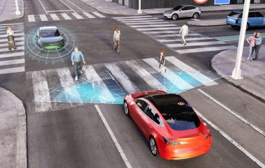 İki otonom aracın kavşağa yaklaştığı bir şehir sahnesinin 3 boyutlu bir çizimi. Otomobiller engellerin tanınması için kablosuz radar teknolojisiyle donatılmıştır..
