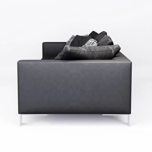 3D家具サイドビュークリッピングパス リビングルームの装飾デザインと白い背景に隔離された現代的な黒い革のソファ 3Dレンダリング — ストック写真