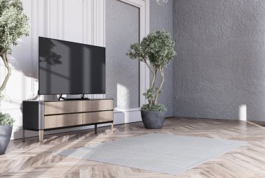 Modern iç mekan mobilyalı odalarda, oturma odasında, İskandinav İskandinav tarzında akıllı TV 'yi kısa mesaj veya içerik için tasarlayın. 3B görüntüleme, 3B Görüntü