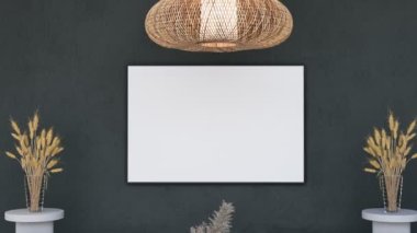 Poster çerçevesini modern iç dekorasyonda tamamen döşenmiş oda arka planı, oturma odası, İskandinav İskandinav tarzı, mesaj veya içerik için düzenleyin. Şablon, 4K 3D görüntüleme, 3B resimleme canlandırması